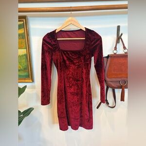 Burgundy Crushed Velvet Mini Dress | Romantic Square Neck